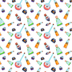 Watercolor magical bottles and flasks. Witch and wizard objects illustration. Halloween colorful seamless pattern. Magician background.  