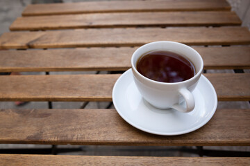 top view tea cup on wooden table