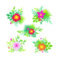 Set of wreath colorful tropical leaves and Tropical flower composition, Vector illustration isolated on white background. 
