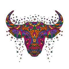 Bull head. Bright colorful ornamental hand drawing for coloring. Vector icon isolated on white background.