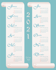 Wall Calendar of 2021 year. 12 months on two parchments. Vertical vector template. Week starts on Sunday. English