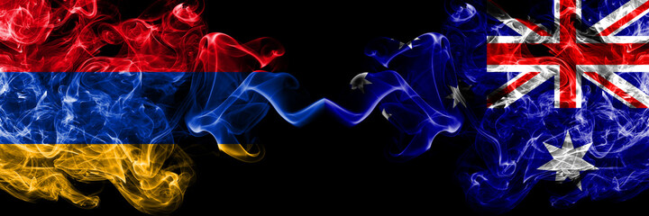 Armenia vs Australia, Australian smoky mystic flags placed side by side. Thick colored silky abstract smoke flags