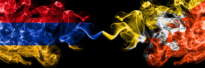 Armenia vs Bhutan, Bhutanese smoky mystic flags placed side by side. Thick colored silky abstract smoke flags