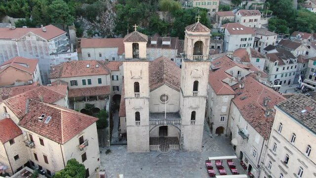 Aerial view of the Cathedral of Saint Tryphon in Kotor Old town, Montenegro