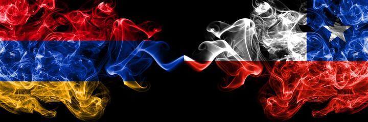 Armenia vs Chile, Chilean smoky mystic flags placed side by side. Thick colored silky abstract smoke flags