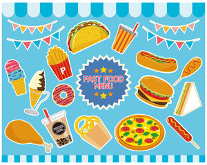 ファーストフードメニューのベクターイラスト　ハンバーガー　フライドポテト　ホットドッグ