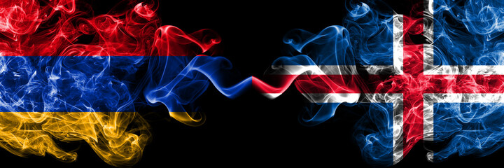 Armenia vs Iceland, Icelandic smoky mystic flags placed side by side. Thick colored silky abstract smoke flags