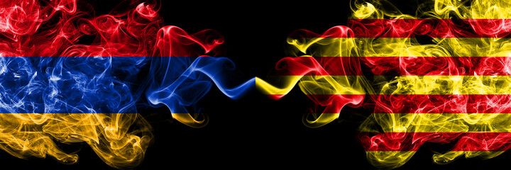 Armenia vs Spain, Catalonia, Catalan, Senyera smoky mystic flags placed side by side. Thick colored silky abstract smoke flags