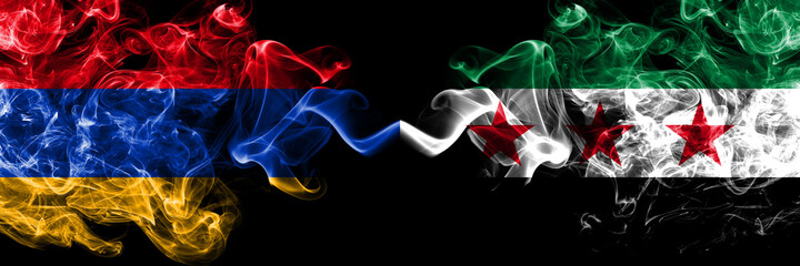 Armenia vs Syria, Syrian Arab Republic, opposition smoky mystic flags placed side by side. Thick colored silky abstract smoke flags
