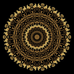 Gold Baroque round mandala pattern. Ornamental Deco background. Vintage floral golden Damask ornaments. Luxury backdrop. Beautiful ornate vector design with circles, flowers, leaves, frame, border