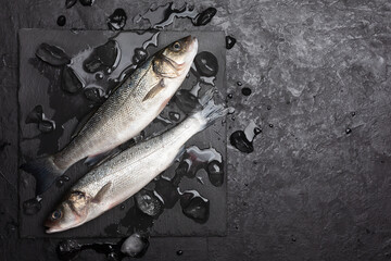 Two raw seabass on a black background with copy space