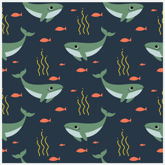 Green Whale and orange fish seamless pattern