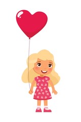 Little girl holding heart shaped balloon flat vector illustration. Valentines Day celebration. Smiling blonde child character with present. February 14 holiday isolated design element