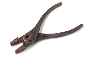 Old metall rusty pliers on a white background, isolated.