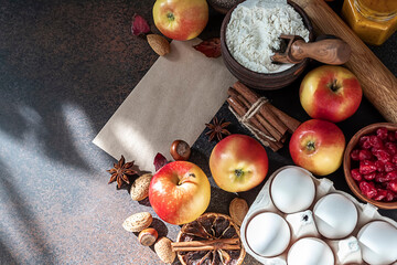 Autumn pastries. Preparation of seasonal fall baked goods with ingredients. Traditional autumn...