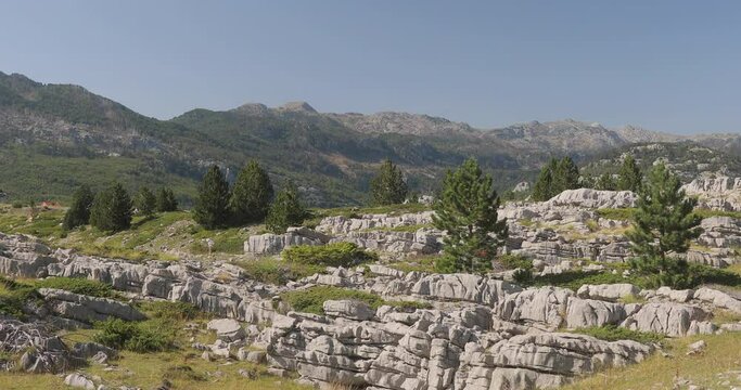 Beautiful video of mountains with rocks, cliffs, trees, landscape picture taken on camera with a stabilizer. 4 shots Montenegro.