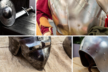 collage military ammunition and weapons, iron helmet and cuirass, sword with shield