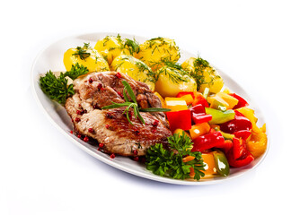 Grilled steak with boiled potatoes and vegetables on white background
