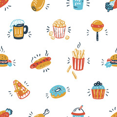 Vector Fast Food Icons Seamless Pattern. Doodle Unhealthy Street Food Repeat Background.