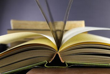 Close up of isolated open book hinge with flying pages, stack of blurred books background