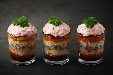 Dressed herring or herring under fur - traditional Russian salad