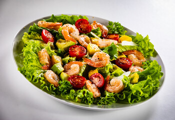 Prawn salad on gray background