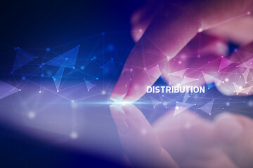 Finger touching tablet with DISTRIBUTION inscription, business concept