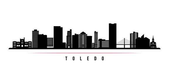 Toledo skyline horizontal banner. Black and white silhouette of Toledo City, Ohio. Vector template for your design. - obrazy, fototapety, plakaty