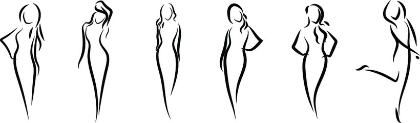 Vector collection. Woman figure silhouettes. Linear style.
