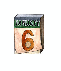 January 6 - paper calendar sheet. Watercolor calendar icon. Date, day, and month.