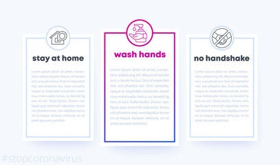 stop coronavirus banner with line icons, wash hands, stay at home