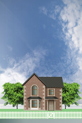 Detached residential house on a suburb street with white picket fence and gate set against a blue cloudy sky
