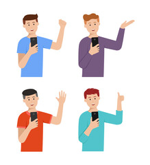 Man looking at their smartphone with different pose and happy face. vector illustration set.