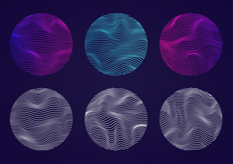 Set of wavy spheres with lines. Liquid geometric shapes artificial intelligence. Concept of artificial intelligence, big data.