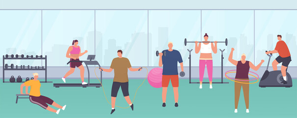 Modern gym with panoramic windows, sports equipment, exercise machines for women and men. People do various exercises in gym maintain healthy lifestyle.