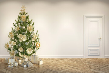 Empty beige room with a door, a Christmas tree with gifts on the parquet floor. Christmas tree decorated with silvery snowflakes and stars, golden balls, and poinsettia flowers. 3d render