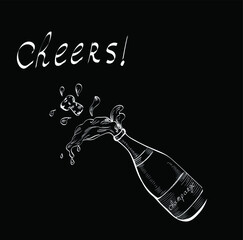 Bottle champagne. Outline chalk vector isolated design elements on black background. Concept for logo, menu, cards 