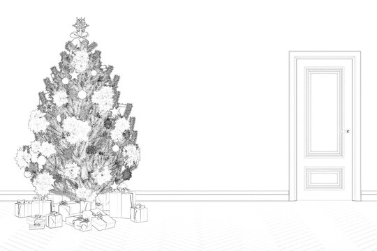 Sketch of the empty room with a door, a Christmas tree with gifts on the parquet floor. Christmas tree decorated with snowflakes and stars, balls, and poinsettia flowers. 3d render