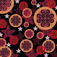 Pattern orange and red stars and circles on the black background