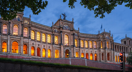Beautiful shot of the Bavarian parliament, Maximilaneum during the blue hour - obrazy, fototapety, plakaty