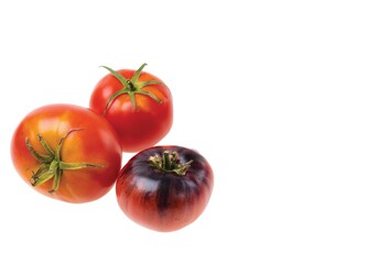 Close up view of ripe red tomatoes isolated on white background. Organic vegetables concept.