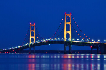 Mackinaw Bridge at night in Mackinac City, Michigan, USA.