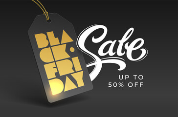 BLACK FRIDAY SALE poster with price tag, gold foil letterpress and lettering. Discount up to 50 fifty percent. Vector illustration for banner, flyer, shop, business, advertising, card.