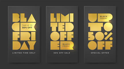 Set of illustrations for BLACK FRIDAY SALE with letterpress gold foil on black background. Limited offer and discounts up to fifty percent. Vector template for social media banner, flyer, card, shop.
