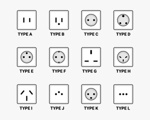 Set of type switches and sockets icon. Various electric socket. Illustration vector