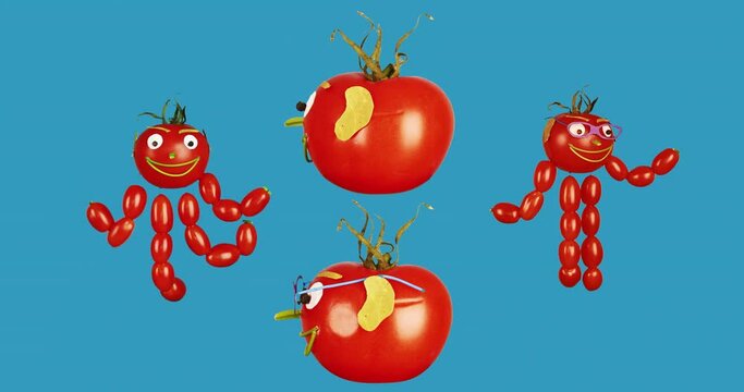 Cheerful tomatoes little men dancing on a blue background. Puppet show. Disco. Fresh vegetables. Cherry. Chroma key.