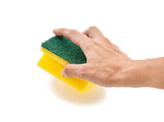 Woman's Hand Holding A Dish Sponge, Isolated On White Surface