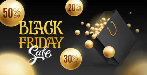 Vector banner with lettering, shopping bag, gold ball for Black Friday sale. Discounts twenty, thirty, fifty, percent. Illustration for shop, store, discount flyer, poster, ad.