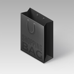 Vector realistic template dark shopping bag on gray isolated background. 3D isometric icon. Illustration for Black Friday sale banner, discount flyer, poster, ad.