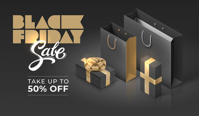 Vector illustration with shopping bag and gift boxes on dark background. Black Friday sale banner with handwriten typography. Template for shop, store, discount flyer, poster, ad.